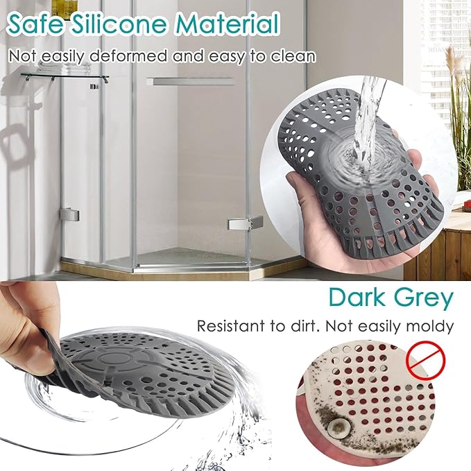 Shower Drain Hair Catcher, 5.5in Shower Hair Catcher Large Premium Silicone Drain Protector Strainer, Shower Drain Cover for Shower Room, Floor Drain, Bathroom Sink, Dark Grey