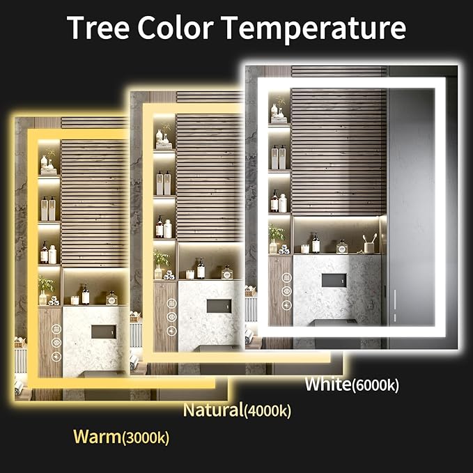24"x36" LED Bathroom Mirror with Lights, Dimmable, Anti-Fog, Lighted Bathroom Vanity Mirror for Wall, Backlit + Front Lit, Memory Function, Shatter-Proof, Tempered Glass