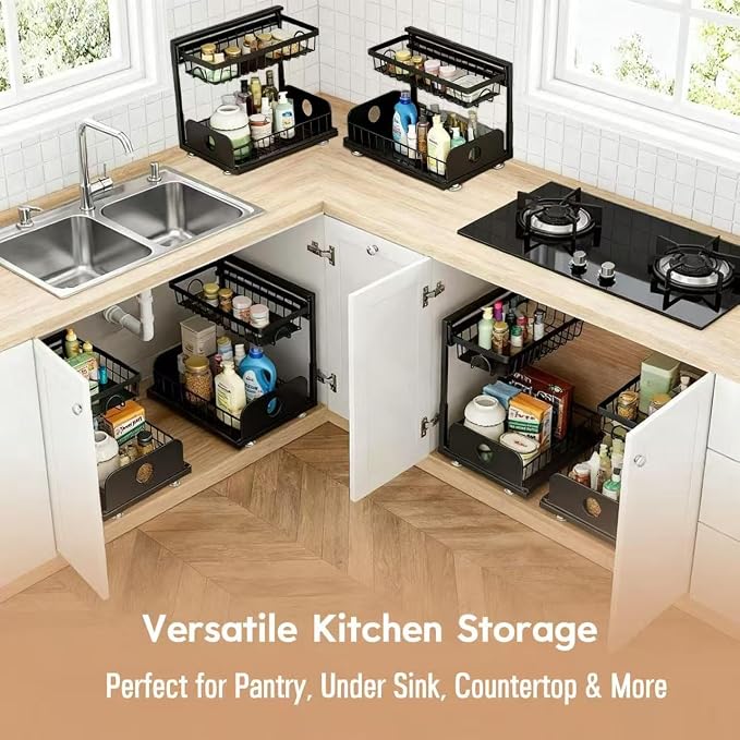 Under Sink Organizer, 2 Pack Under Kitchen Cabinet Organizer, Height Adjustable Pull Out Mute Slide-Out 2 Tier Metal Under Sink Storage for Bathroom, Pantry, Kitchen & Bedroom (Black, 2 Pack)