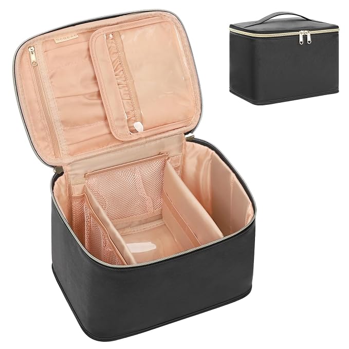 Travel Makeup Bag, Cosmetic Bags for Women Makeup Case Organizer Large Capacity Travel Toiletry Bag Storage Bags with Divider and Handle for Cosmetics Toiletries Brushes Tools-Large, Black