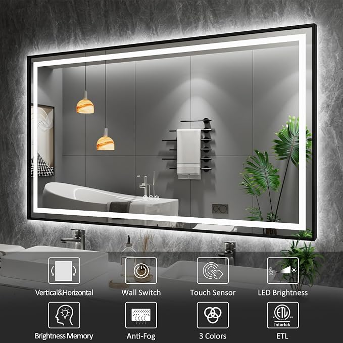 LED Bathroom Mirror Black Framed 72"X36", Front Light and Backlit | Metal Framed Mirror, Stepless Dimmable, HD Reflection, Anti-Fog, Shatter-Proof, Memory, 3 Colors Lighting, UL Listed.