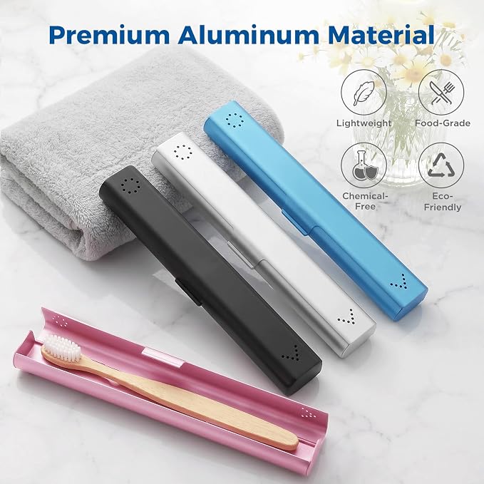 4 Pack Toothbrush Travel Case Aluminum, Portable Toothbrush Holders Travel, Manual Toothbrush Case Container for Traveling, Bathroom, Camping, Business Trip(Black, Silver, Pink, Blue)