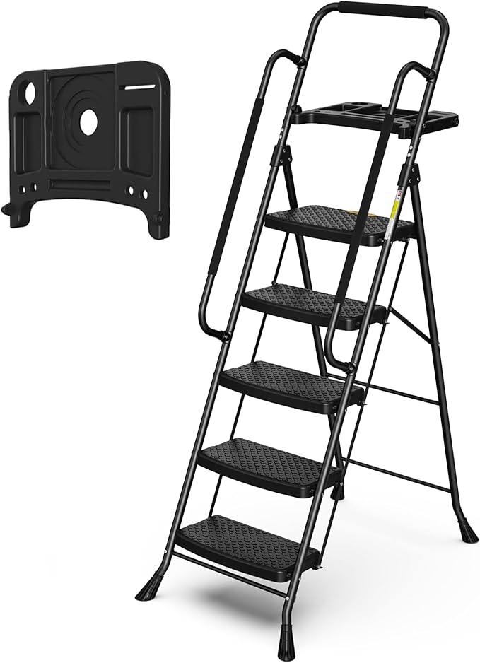 HBTower Step Ladder with Handrails, Folding Step Stool with Tool Tray | Anti-Slip Wide Pedal for Home Kitchen Pantry Office, Black