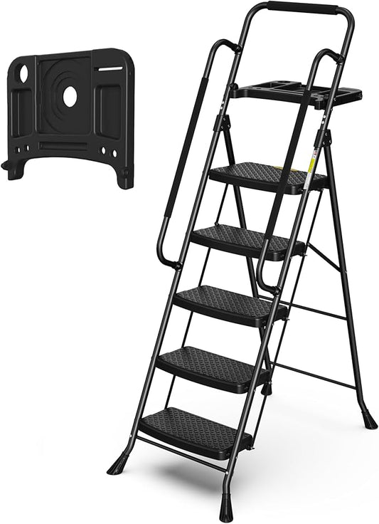 HBTower Step Ladder with Handrails, Folding Step Stool with Tool Tray | Anti-Slip Wide Pedal for Home Kitchen Pantry Office, Black