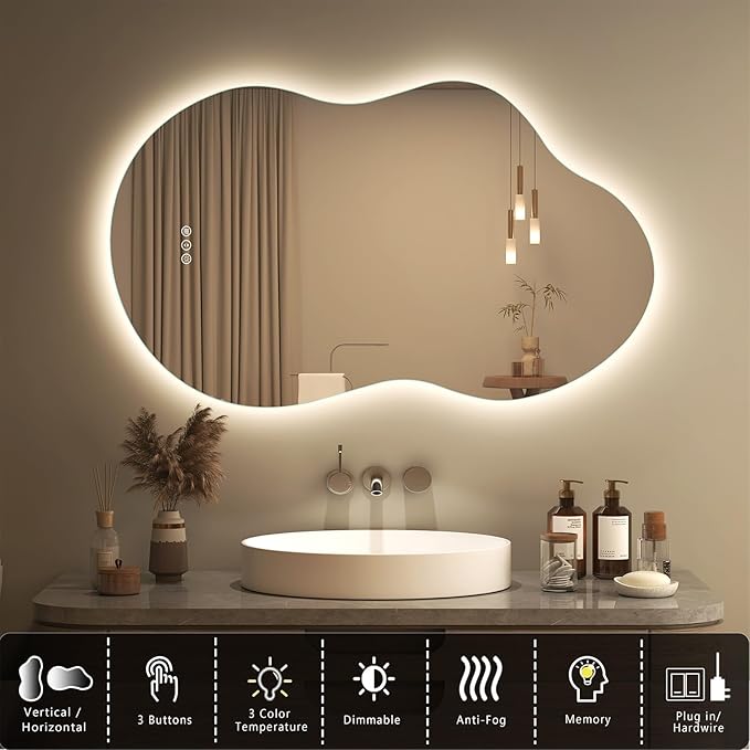 SMIROR 48x26 Irregular Backlit Led Lighted Bathroom Vanity Mirror | Asymmetrical, Cloud Shape, Anti-Fog, 3 Colors, Dimmable, Memory, Tempered Glass, UL