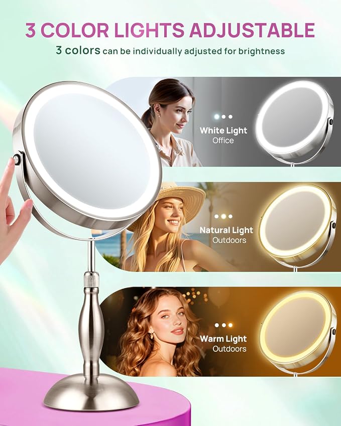30X Magnifying Mirror with Lights, 8" Height Adjustable Makeup Mirror | Rechargeable 5000mAh, 30x Double Sided, 3 Color Lights + Dimmable, Nickel – Modern Magnifying Mirror for Bathroom Desk