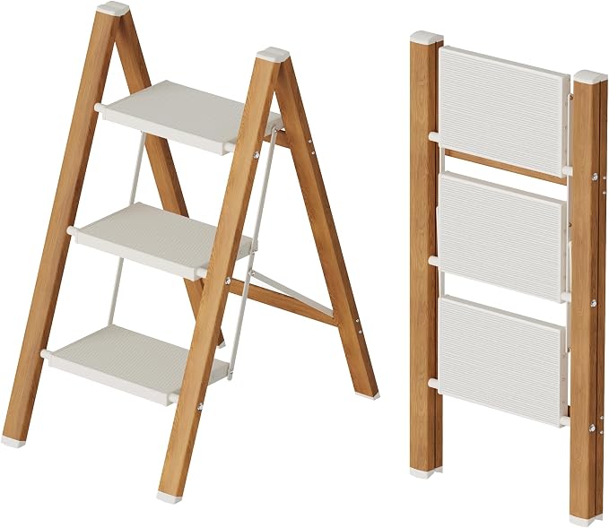 Mayi Plus 3 Step Stool Foldable, Aluminum, Lightweight Step Ladder | Extra-wide anti-slip folding steps with 330 lbs, for home,kitchen,office,outdoor,White & Woodgrain.