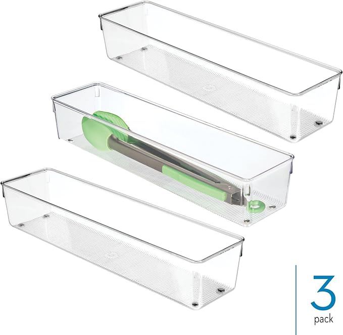 iDesign Plastic Drawer Organizer Bins, Set of 3, Clear | Storage for Kitchen, Storage for Bathroom, Storage for Desk Drawers