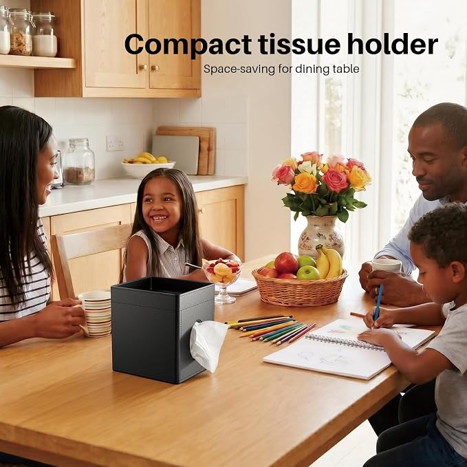 Square Tissue Box Holder with Storage Tray Tissue Box Cover, Tissues Cube Boxes Cover for Nightst, Dining Table, Dressing Table, Tea Table, Coffee Bar (Black)
