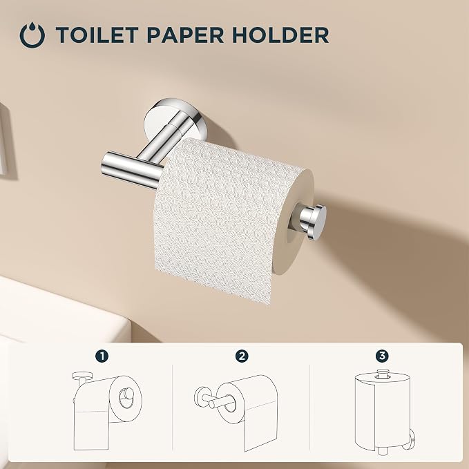 FORIOUS Bathroom Accessories Set, 4-Piece Bathroom Hardware Set | Chrome | SUS304 Stainless Steel Towel Ring, 2 Towel Hooks, and Toilet Paper Holder Wall Mounted
