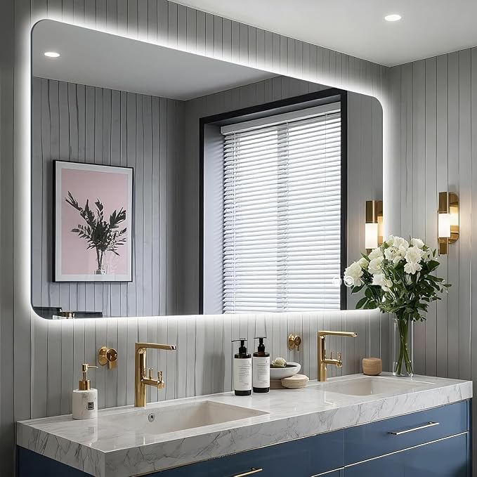 48''x30'' Lighted Mirrors for Bathroom Wall Backlit Rectangular Rounded Corners, LED Bathroom Mirror Frameless with Lights Anti Fog, Dimmable, 3 Colors,Tempered Glass, Shatter-Proo
