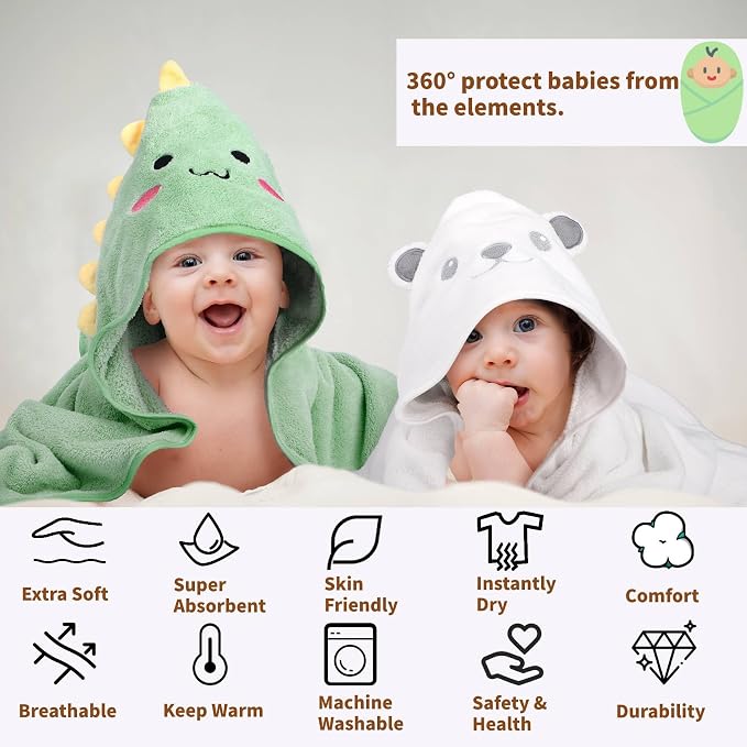 12 PCS Baby Bath Towels Set for Infants Toddlers Essentials | 4 PCS Baby Towels & 8 PCS Washcloths Set, Cute Animal Hooded, Ultra Absorbent & Soft, Newborn Shower Gifts for Boys & Girls
