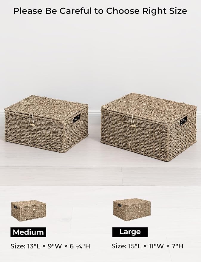 StorageWorks Wicker Basket with Lid, Baskets for Shelves, Seagrass | Woven Baskets with Lids for Shelves, Wicker Storage Baskets with Lids, Decorative Box, Lidded Baskets for Organizing, 1 Pack