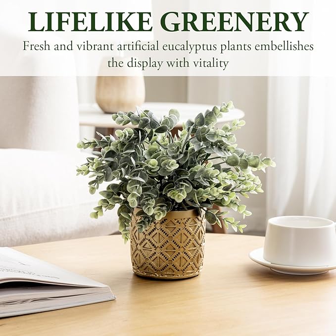 MyGift Artificial Eucalyptus Boxwood Plant Gold Concrete Geometric Pot | Modern Embossed Round Planter, Realistic Foliage, Indoor Botanical Accent for Desk, Shelf, Table & Entryway Décor