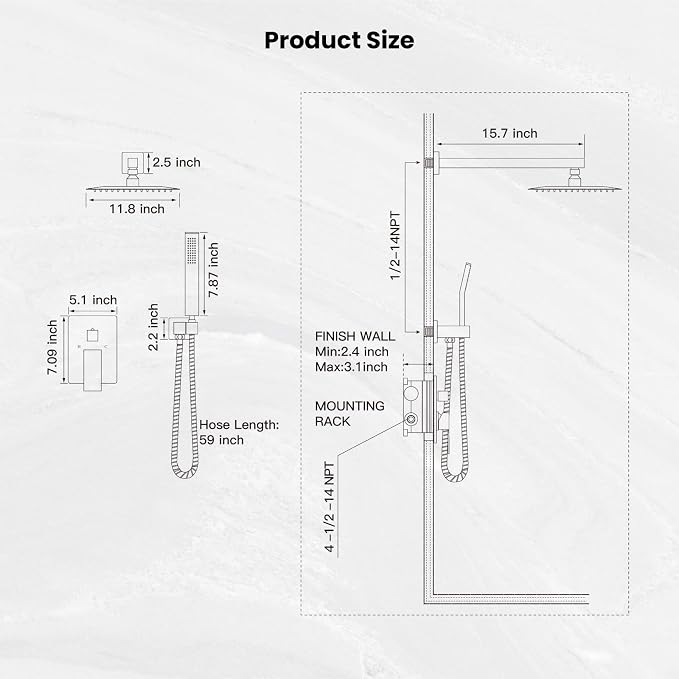 gotonovo Shower Faucet Set with Handheld Spray Brushed Nickel,12'' Head | SUS304 Rainfall Shower Head and Handle Set System Fixture,Pressure Balance Valve Trim Kit,Single Handle,Wall Mount,All Metal