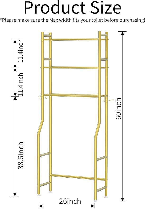 3-Tier Over Toilet Storage, Anti-Tilt, 64" H, Gold | Carbon Steel, 60lb Capacity, 26"L x 8.6"W x 64"H, Freestanding, 4 Hooks, No Drilling