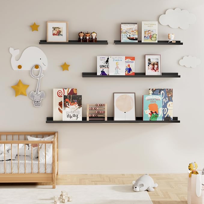 Fun Memories Floating Picture Ledge Shelves Set of 2, 16 Inch Solid Wood Wall Shelves with Lip, Large Nursery Book Shelf for Toys Storage, Kids Bookshelf, Living Room, Bedroom Decor Frames, Black