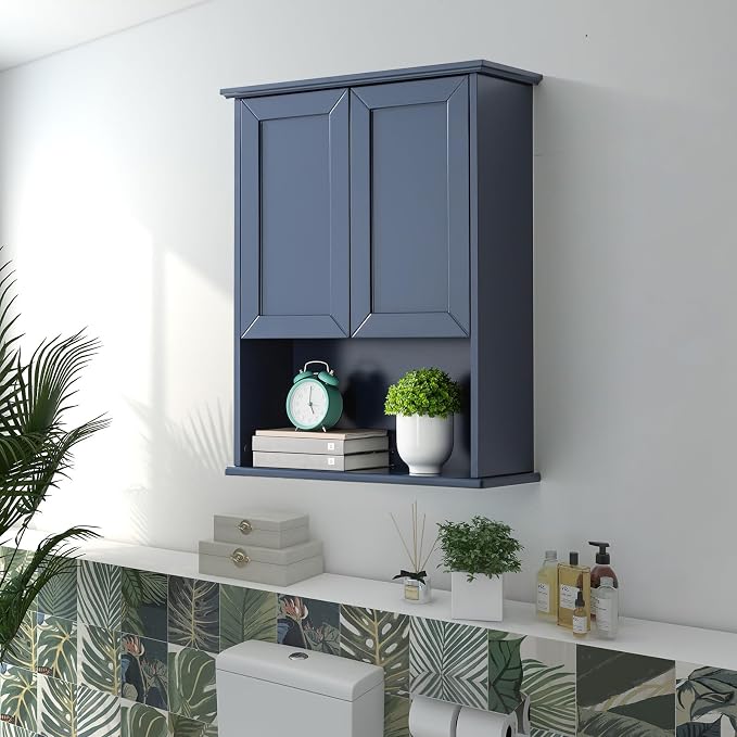 VANIRROR Navy Blue Bathroom Cabinet Wall Mounted W/ 2 Door Adjustable Shelf | 23"x29" Wooden Medicine Cabinet Over Toilet Storage Wall Hanging Cabinets for Bathroom, Entryway, Kitchen, Laundry Room