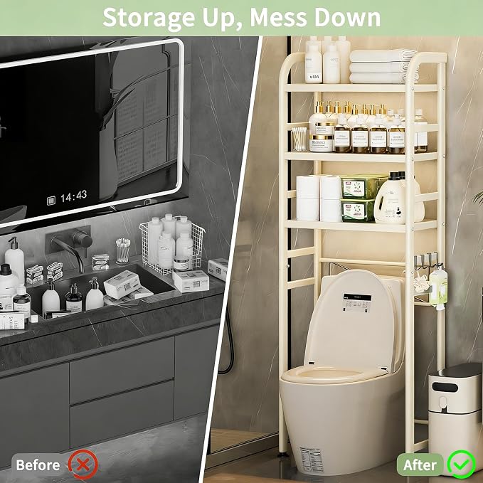 Over The Toilet Storage Rack, Space Saver for Small Bathroom, Cream | 3 Tier Freestanding Shelf Organizer, Heavy Duty Oval Tube, 4 Hooks, Metal, Sturdy Above Toilet Storage,Rustproof,Suction Cup