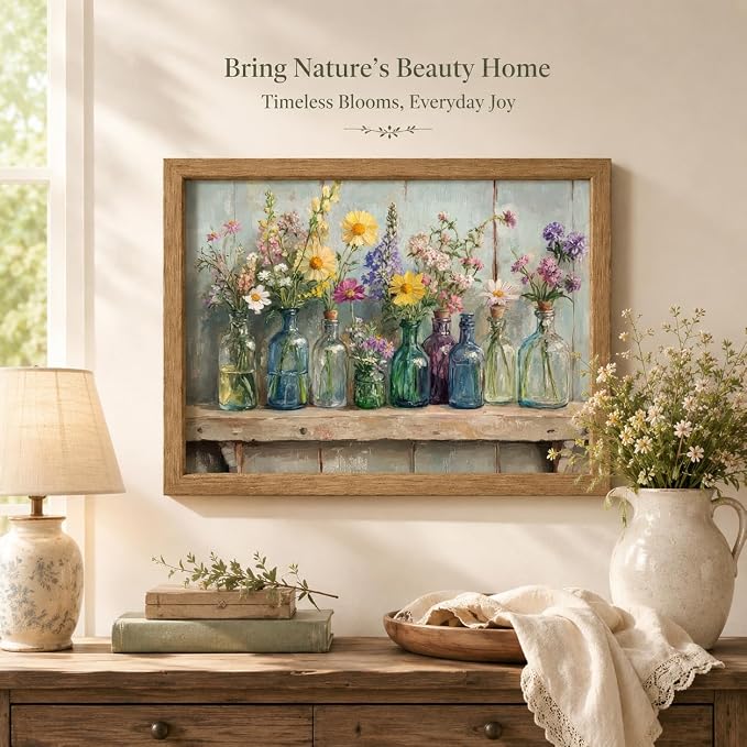 Wood Framed Farmhouse Plants Flowers Wall Art Wildflowers Colorful Glass Bottles Wall Decor Rustic Wildflower Poster Print Artwork for Bathroom Living Room Bedroom Study Room Home Decoration