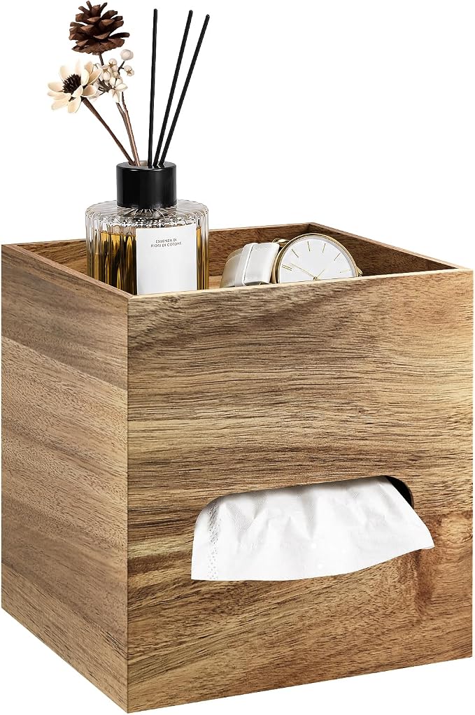 Square Tissue Box Holder with Storage Tray Tissue Box Cover, Tissues Cube Boxes Cover for Nightst, Dining Table, Dressing Table, Tea Table, Coffee Bar (Brown)