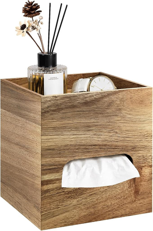 Square Tissue Box Holder with Storage Tray Tissue Box Cover, Tissues Cube Boxes Cover for Nightst, Dining Table, Dressing Table, Tea Table, Coffee Bar (Brown)
