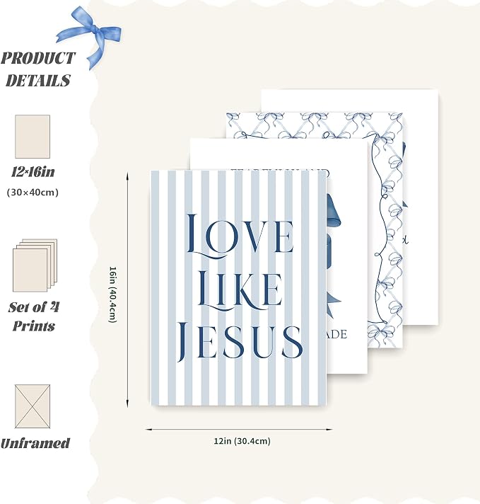 LARTSFRO Coquette Navy Blue Bow Jesus Wall Art Decor Posters, Blue Bow Christian Room Bedroom Bathroom Wall Art Decor Aesthetic for Teen Girls College Gifts, Inspirational Bible Verses Bow Wall Decor, 12x16 Inch Set of 4 Bow Pictures(UNFRAMED)