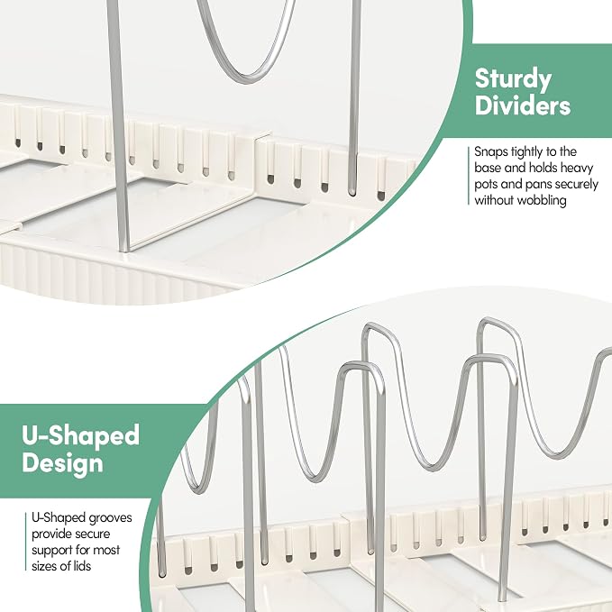Expandable Pan Organizers Inside Cabinet with 10 Dividers White | Extends 12.9-21.9", Holds cookie sheets, cutting boards, pot lids and pans, iron dividers, plastic base, under cabinet rack