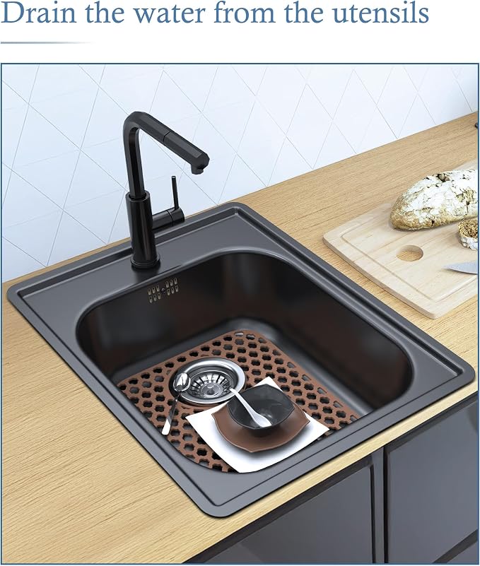 2 Pack Silicone Sink Protector Mat for Kitchen Sink Rear Drian Coffee | 13-9/16" x 11-5/8" Non-Slip Heat-resistant and Durable Silicone Grid