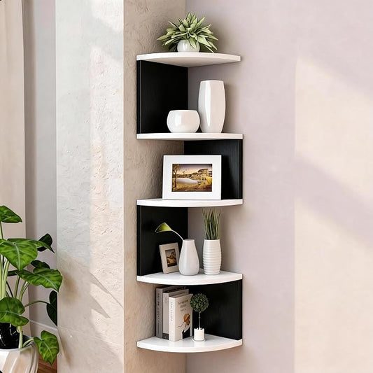 No-Drill Corner Shelf Wall Mount, 5-Tier Floating Corner Bookshelf with Hooks, Space-Saving Zigzag Plant Shelf for Bedroom, Living Room, Bathroom, Home Office(White & Black)