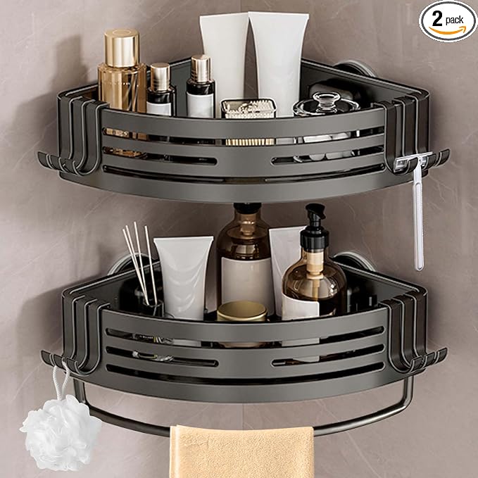 Lekesky Corner Shower Caddy Suction Cup, Shower Corner Shelf with a Towel Bar, No Drill shower rack, bathroom shelves for Organizers and Storage, Shower Shampoo Holder(Aluminum, 2-Pack, Gunmetal Gray)