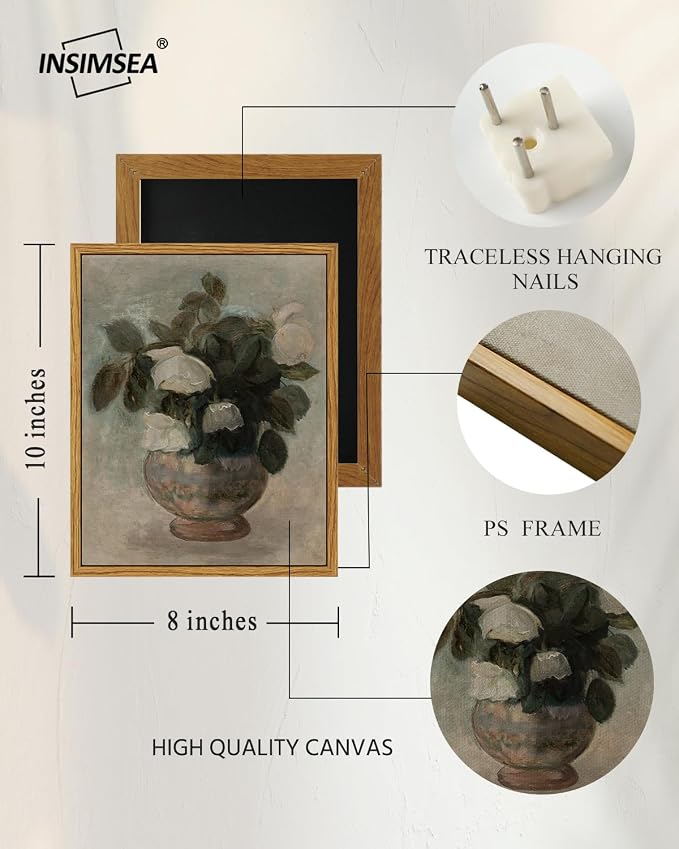 InSimSea Framed Canvas Prints Art Vintage Decor, Home Eclectic Roses in Vase Classical Oil Paintings for Wall Art Decorations, Rustic Farmhouse Floral Wall Decor for Bathroom, 8"x10"