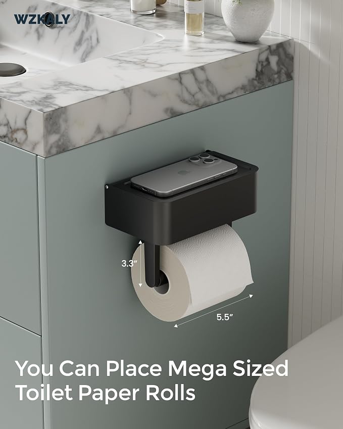Toilet Paper Holder with Shelf - Flushable Wipes Dispenser & Storage Fits Any Bathroom, Keep Your Wet Wipes Hidden - Stainless Steel Wall Mount Bathroom Organizer -（Matte Black, Regular roll）