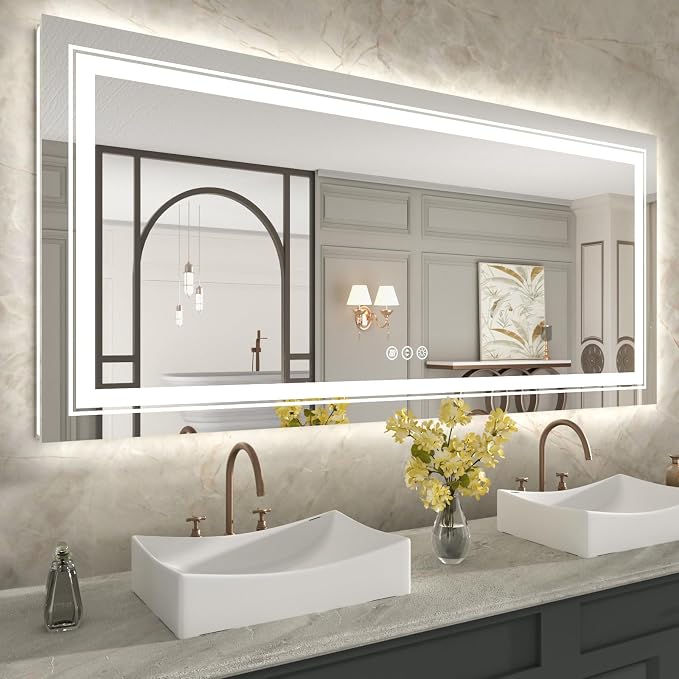 WTTY 60" x 28" LED Bathroom Mirror with Light | Anti-Fog, Dimmable, 3 Color Temperature, Memory Function, Tempered Glass, IP54 Waterproof, ETL Listed
