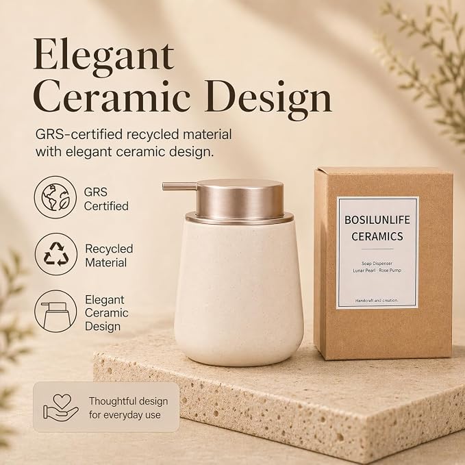 BosilunLife Ceramic Soap Dispenser - Dish Soap Dispenser for Bathroom 12Oz | Refillable Liquid Hand Wash Dispenser for Essential Oil, Lotion Soap, Apricot with Speckle