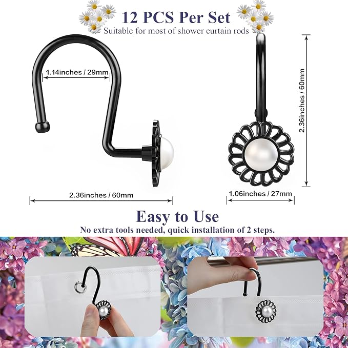 Black Sunflower Shower Curtain Hooks, 12Pcs Rustproof Metal Ring | Pearl inlaid sunflower, zinc alloy, rustproof, anti-fall S-shape, smooth glide, easy install, fits curtain & liner