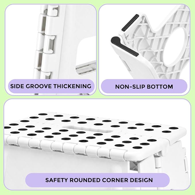 Dyforce Folding Step Stool 13 Inch,300lbs Foldable Stool for Adults & Kids | Stepping Stool White,Non-Slip Plastic Compact Foot Stool with Carry Handle,Lightweight for Bathroom Kitchen Bedroom Garden