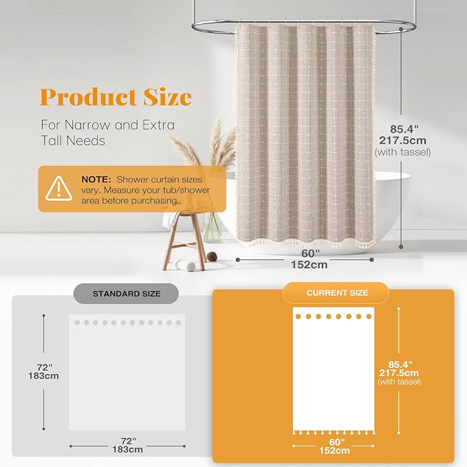 60x84 Boho Farmhouse Linen Heavy Duty Shower Curtain Set, Tan/Taupe | Narrow Long Size, 330GSM Linen Blend, 3-side Tassels, Water Repellent Fabric, 10 Hooks, Rustic Bohemian, Machine Washable