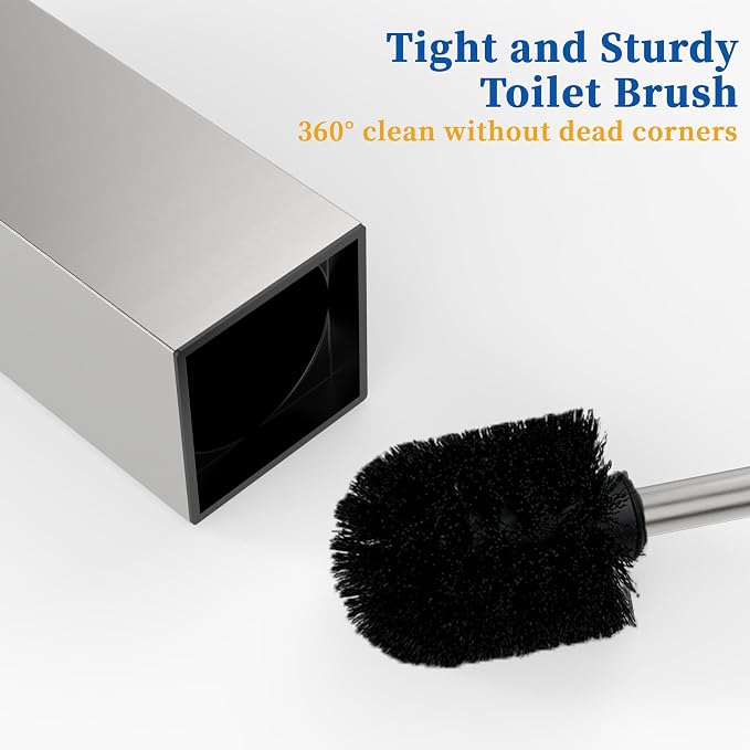 RUACQ Toilet Brush and Holder Set, Square, Brushed Nickel | SUS304 Stainless Steel Handle, Toilet Cleaner Brush with Durable Scrubbing Bristles, Splash-Proof