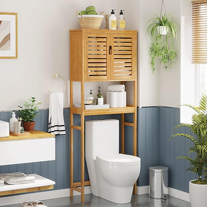 Over The Toilet Storage Cabinet, Tall Bathroom Cabinet Organizer with Cupboard and Adjustable Shelves, Freestanding Toilet Shelf Space Saver Rack Stand for Laundry Room, Balcony, Bamboo