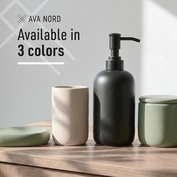 Modern Minimalist Ceramic Bathroom Accessories | Set of 4 | Cream | Soap Dispenser + Toothbrush Holder + Soap Dish + Cup, Aesthetic Scandinavian Design, Home Decor, Scratch Resistant, Durable