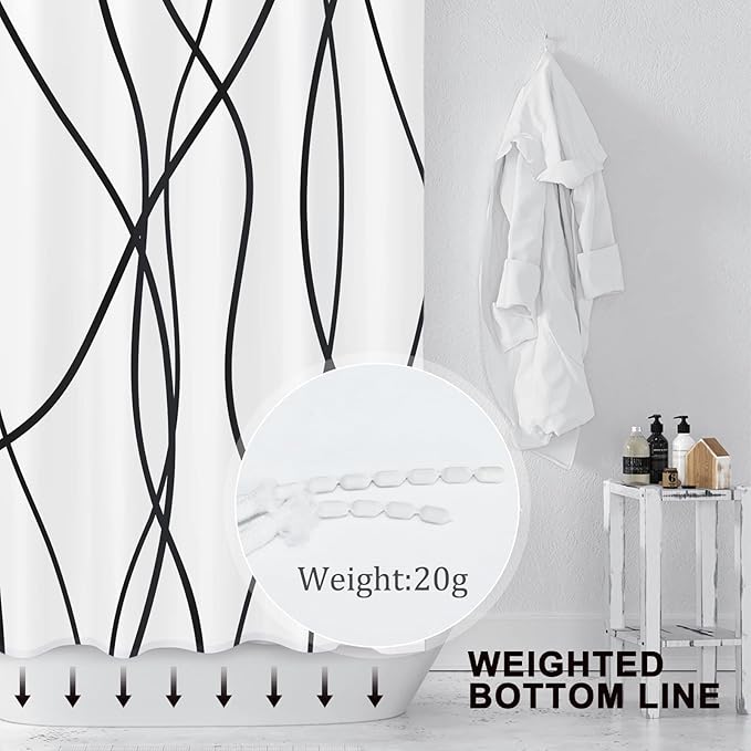 Striped Shower Curtain for Bathroom, White Black, 72" W x 96" L | with Hooks, Modern Hotel Style, Water Repellent, Washable, Weighted Hem
