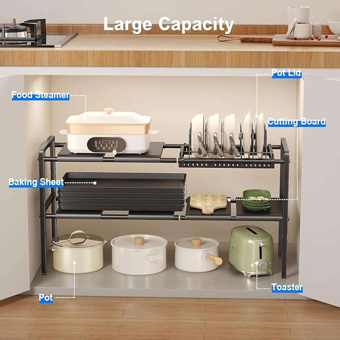 Mustorn Pots and Pans Organizer Under Cabinet, Expandable 2 Tier Under Sink Organizers and Storage Adjustable Height Kitchen Pot and Pan Lid Holder Rack with 6 Dividers(6panels,1 Pot rack, Black)