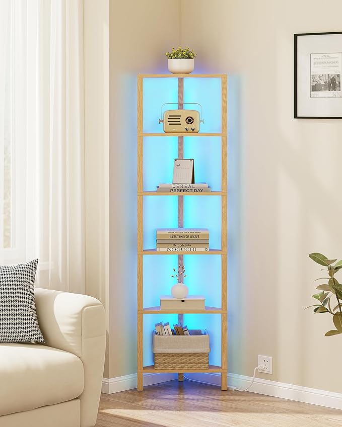 TUTOTAK Corner Shelf with LED Light, 6-Tier Corner Bookshelf | for Small Space, Narrow Display Corner Shelf Stand with Storage Rack, for Living Room, Bedroom, Natural BS05BN006L