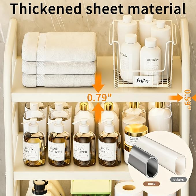 Over The Toilet Storage Rack, Space Saver for Small Bathroom, Cream | 3 Tier Freestanding Shelf Organizer, Heavy Duty Oval Tube, 4 Hooks, Metal, Sturdy Above Toilet Storage,Rustproof,Suction Cup