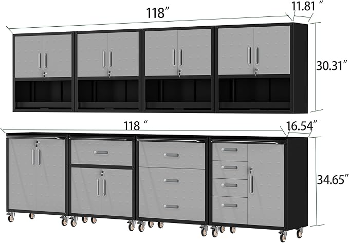 Garage Storage Cabinet System,Wall Cabinet & Locking Rolling Tool Cabinet with Doors and Adjustable Shelves