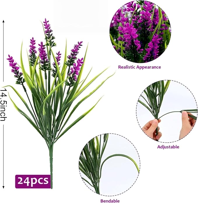 Geegoods 24 Bundles Artificial Lavender Flowers Outdoor, Fuchsia | UV Resistant Faux Plants with Monkey Grass, Realistic Plastic Flowers for Garden Porch Window Box Patio Hanging Planter Decor