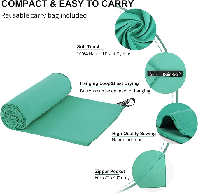 Rainleaf Microfiber Towel Quick Dry Camping & Travel & Gym Towel. Compact | Super Absorbent, Lightweight, Fast Drying. Suitable for Beach, Bath, Backpacking, Hiking, Swim.