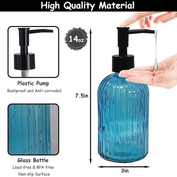 YYTSGG Blue Glass Soap Dispenser Set with Black Pump, 13.5oz, 2 Pack | Refillable Liquid Hand Soap Dispenser, Lotion Dish Soap Dispenser for Modern Home Decor, Kitchen Countertop, Bathroom, Hotel