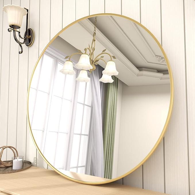 BEAUTYPEAK 24 Inch Round Mirror, Metal Frame Circle Mirror, Gold | Wall Mounted for Entryway, Bathroom, Vanity, Living Room